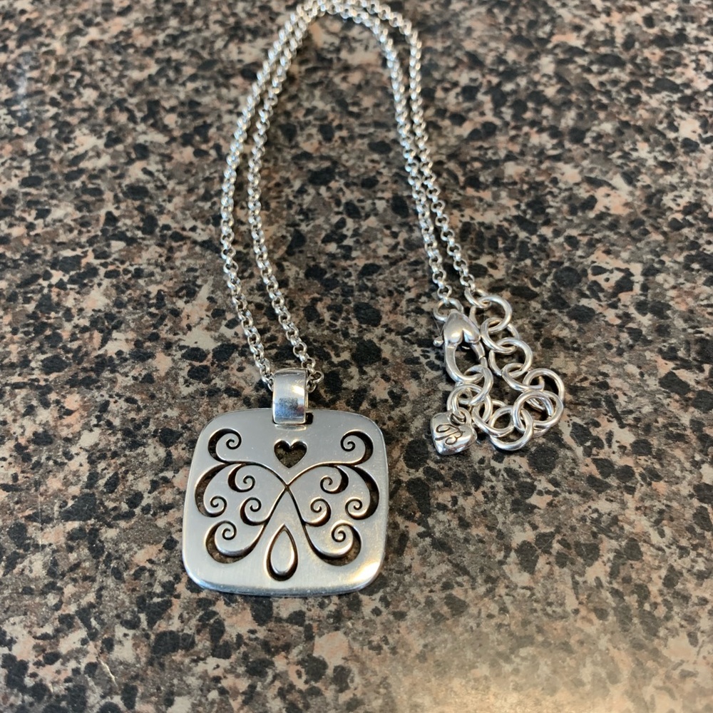 Brighton flat square silver necklace with scroll pattern & heart cut out design